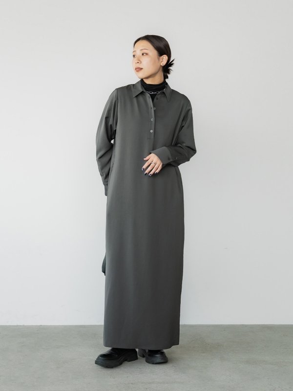 yori シャツワンピース　36 バックドレープシャツワンピース crewre online shop / サテンドレープシャツワンピース